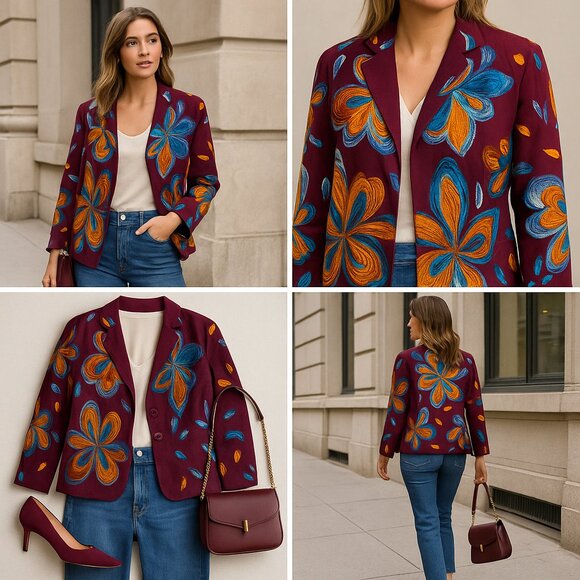 Ettwa Anthropologie Burgundy Floral Embroidered Boho Jacket Size L - Picture 2 of 13